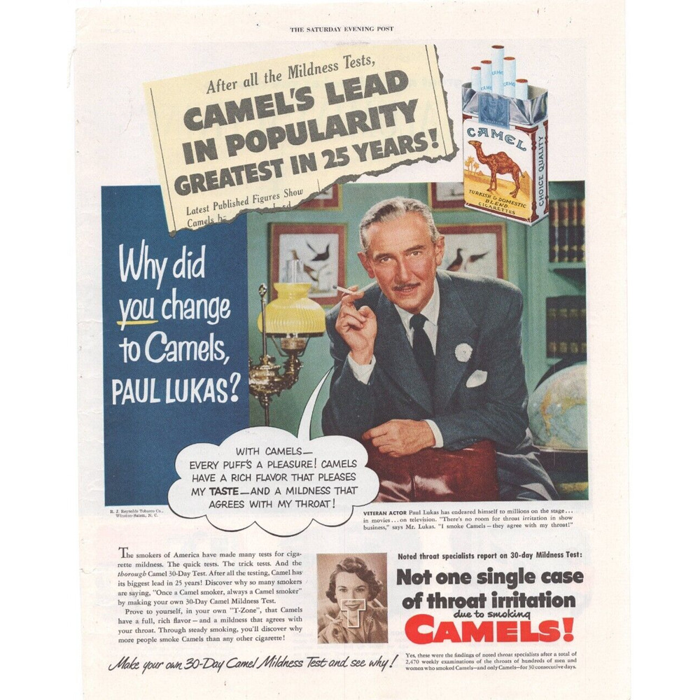 Camel Magazine Advertisement 1950s Vintage Original Color Tobacciana